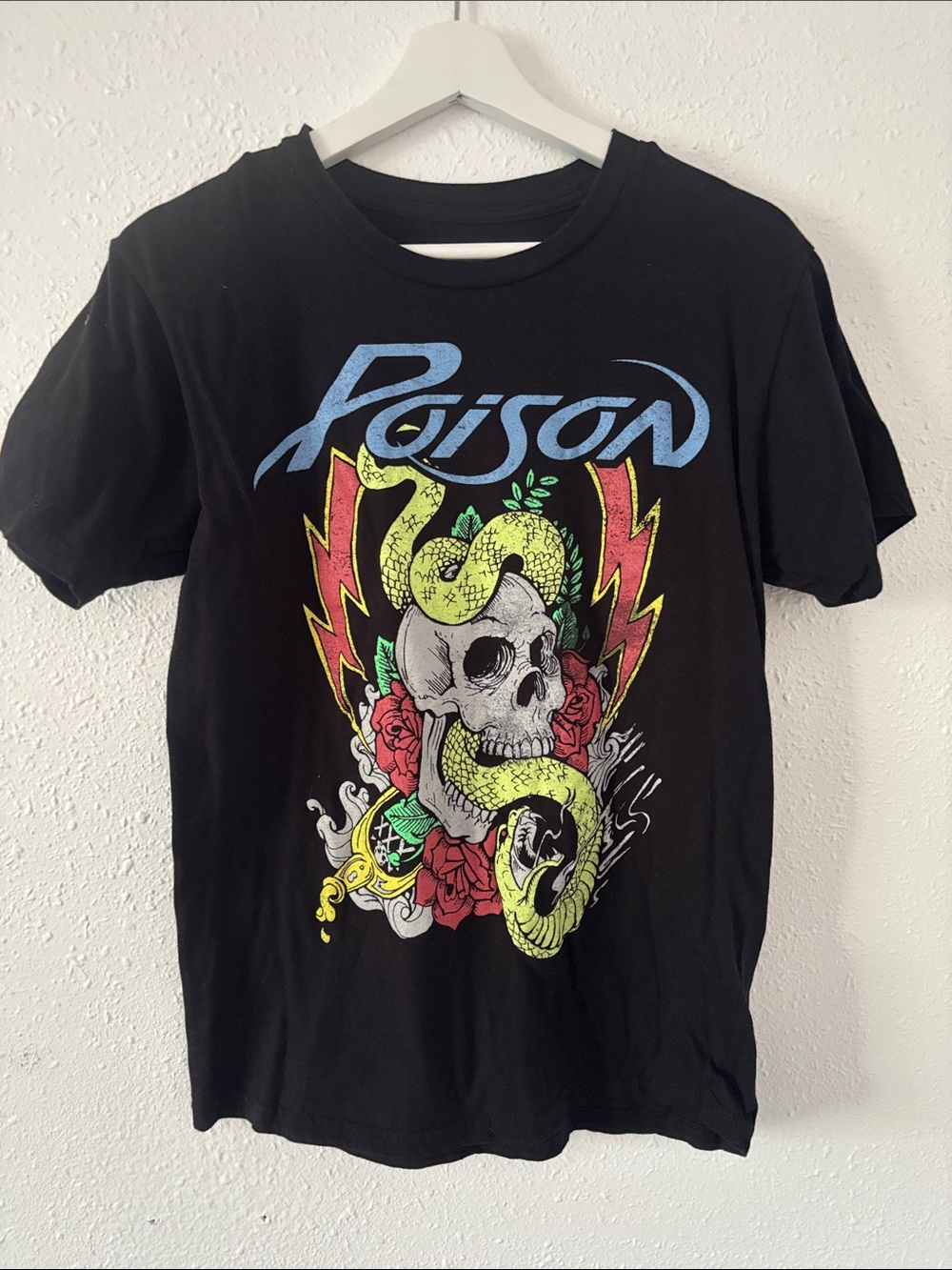 Poison Graphic Crewneck Tee - Black with Yellow Snake & Red Roses